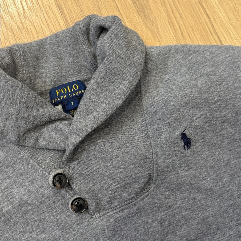 Polo Ralph Lauren Grey Shawl Collar Pullover Sweatshirt w/ Logo Size 7