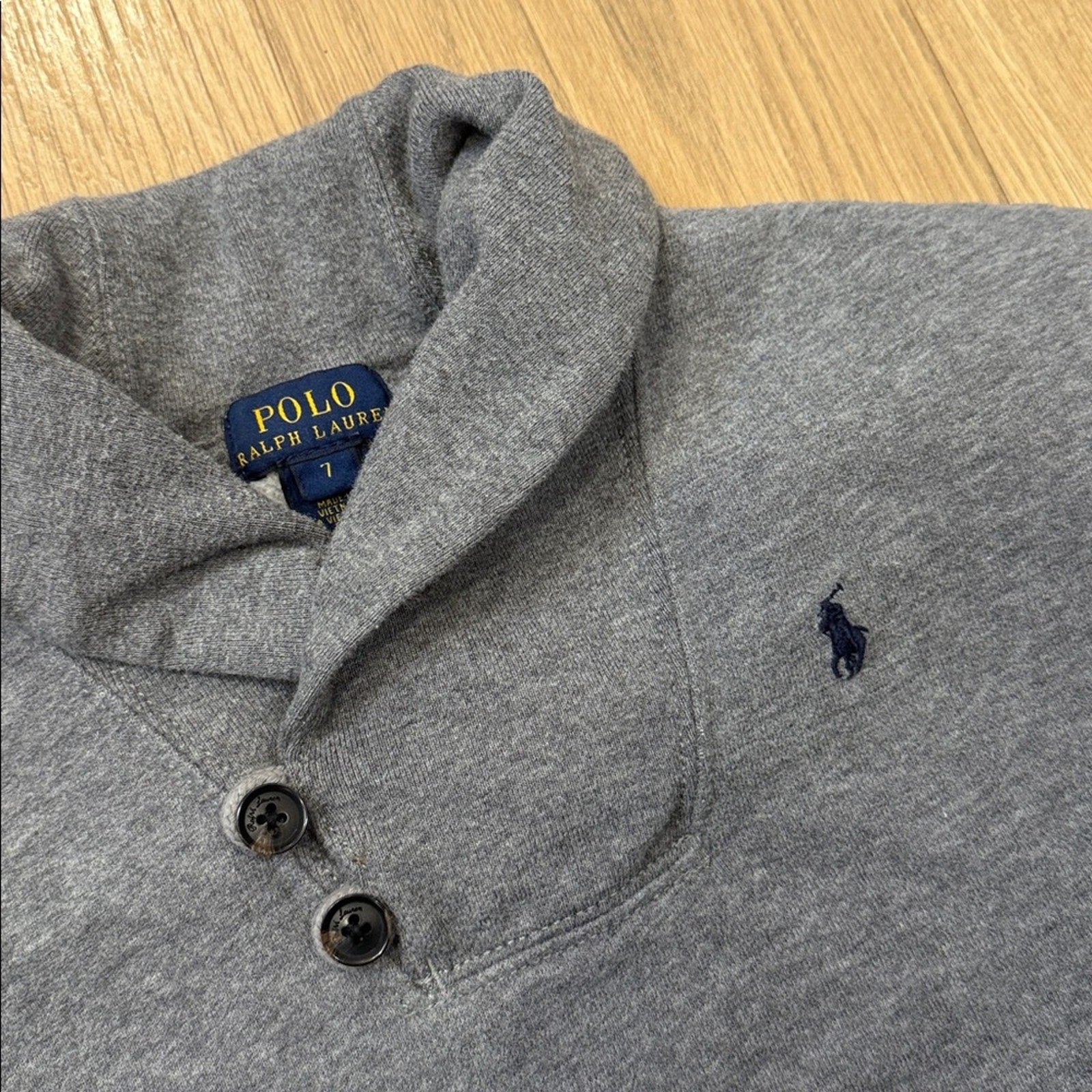 Polo Ralph Lauren Grey Shawl Collar Pullover Sweatshirt w/ Logo Size 7