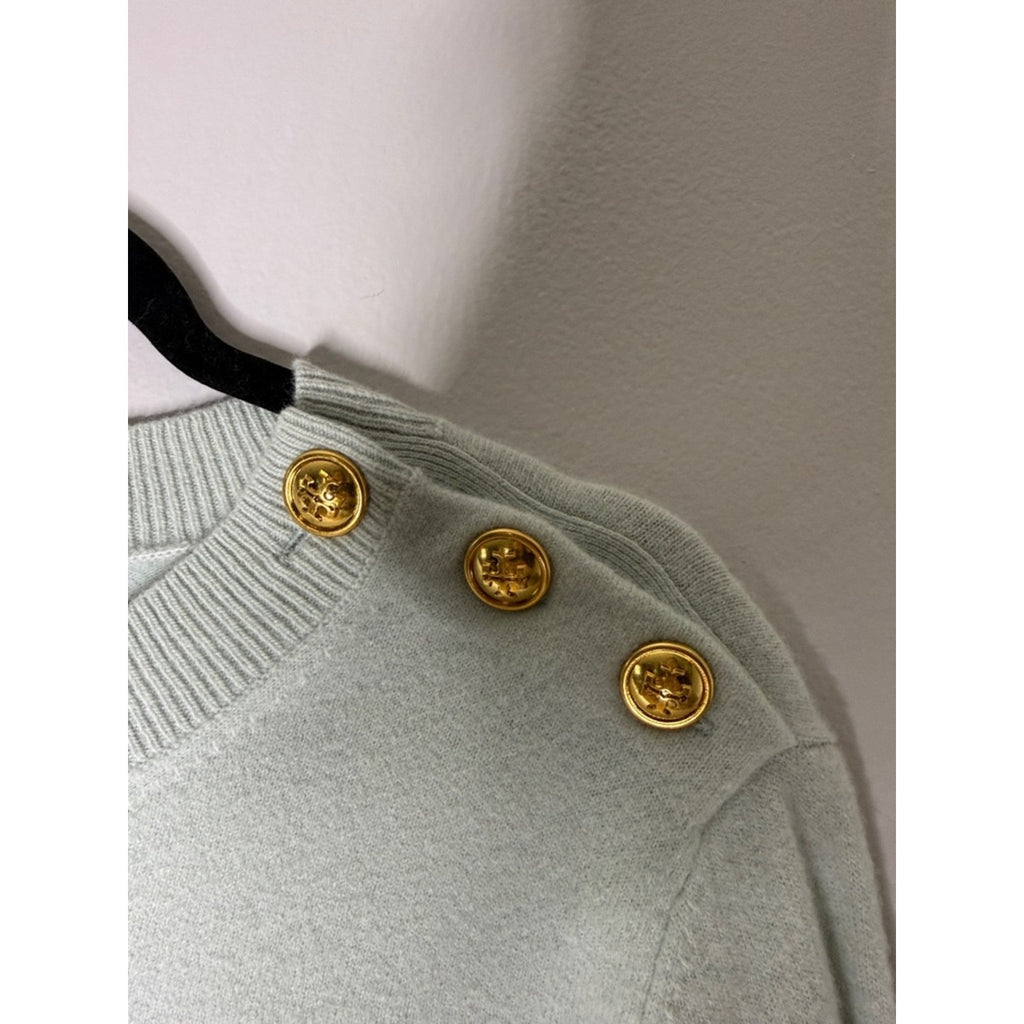 Tory Burch Pale Mint Crewneck Sweater with Gold Logo Buttons Size XL NEW!