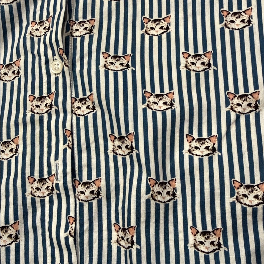 Little Karl Marc John Blue Striped Cat Graphic Button Down Shirt Size 10