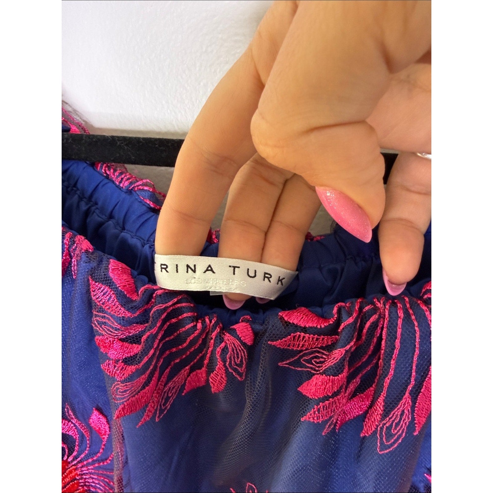 Trina Turk Navy Dress with Bright Pink Embroidered Fans Size M/L