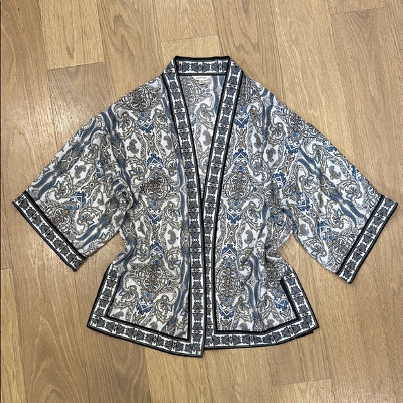 Max Studio Paisley Open-Front Kimono in White, Blue & Taupe Size Medium