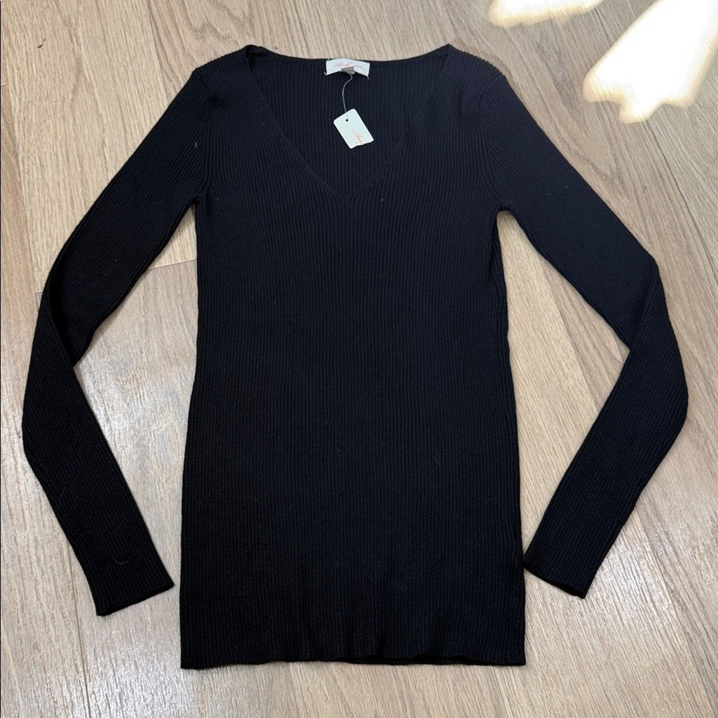 Ambiance Black Ribbed Knit V Neck Sweater Size Small