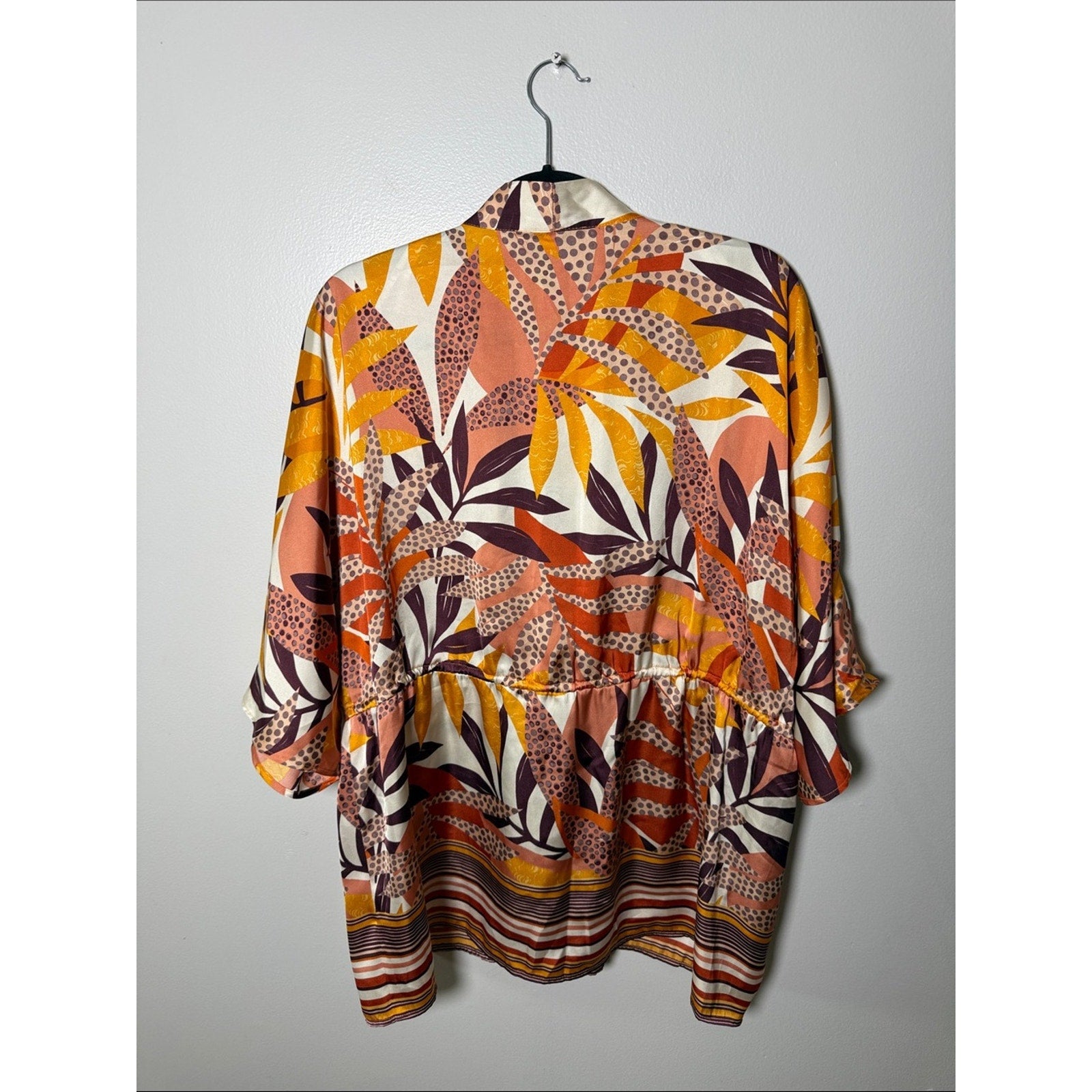 DR2 Floral-Leaf Tie-Front Kimono in Rust, Mustard & Cream Size S/M
