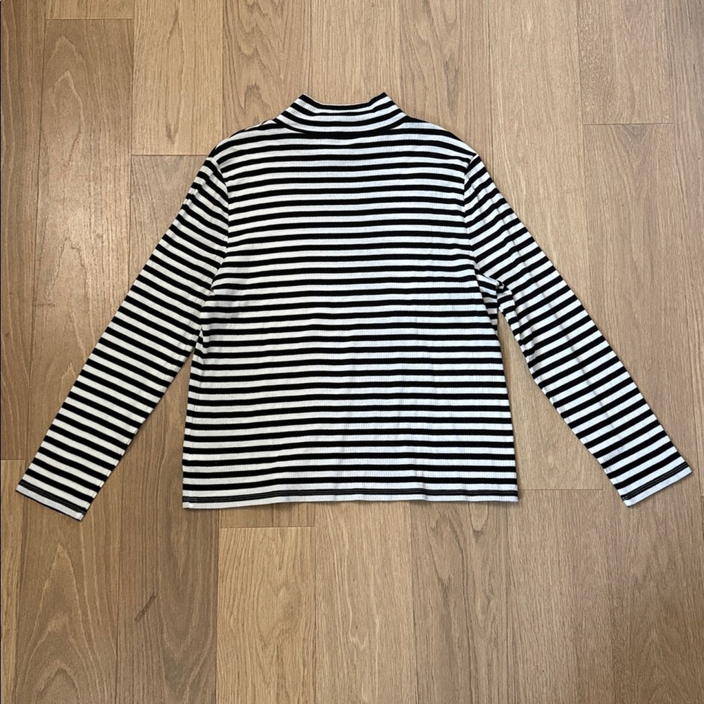 Talbots Monochrome Black and White Striped Mock Neck Long Sleeve Top Size XL