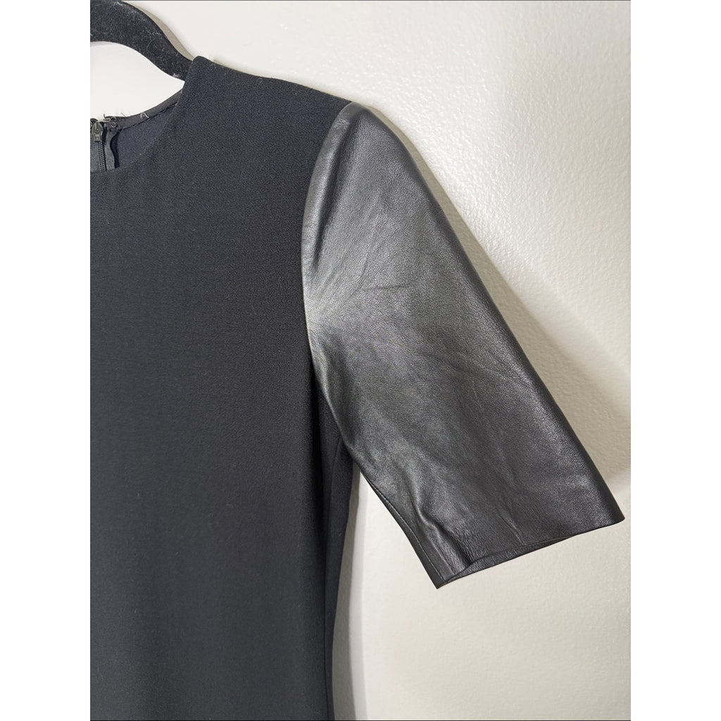 Vince Classic Black Short-Sleeve Sheath Dress w/ Leather Sleeves Size 4