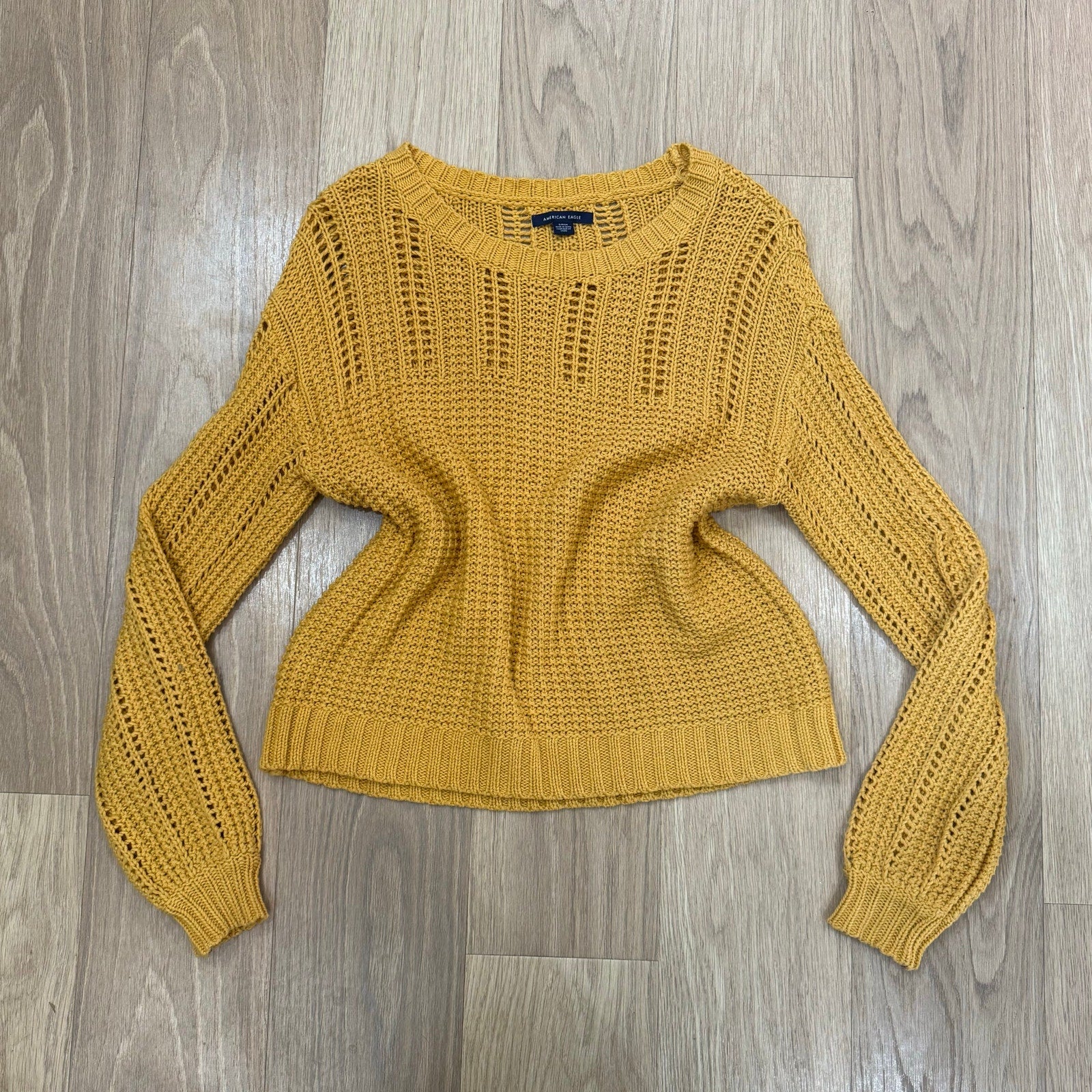 American Eagle Yellow Open Knit Long Sleeve Pullover Sweater Size Small