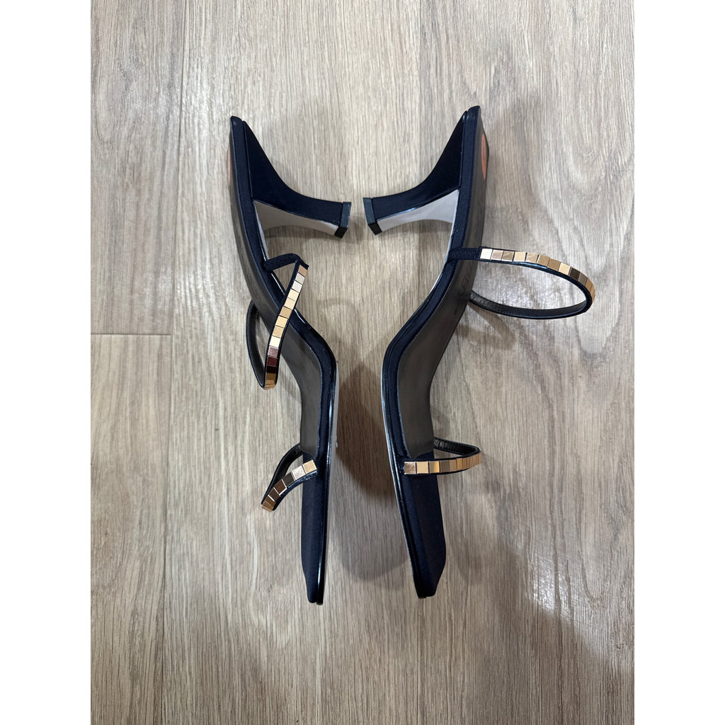 Sam & Libby Black and Gold Square Toe Kitten Heel Mirrored Tile Strap Accents Size 9.5