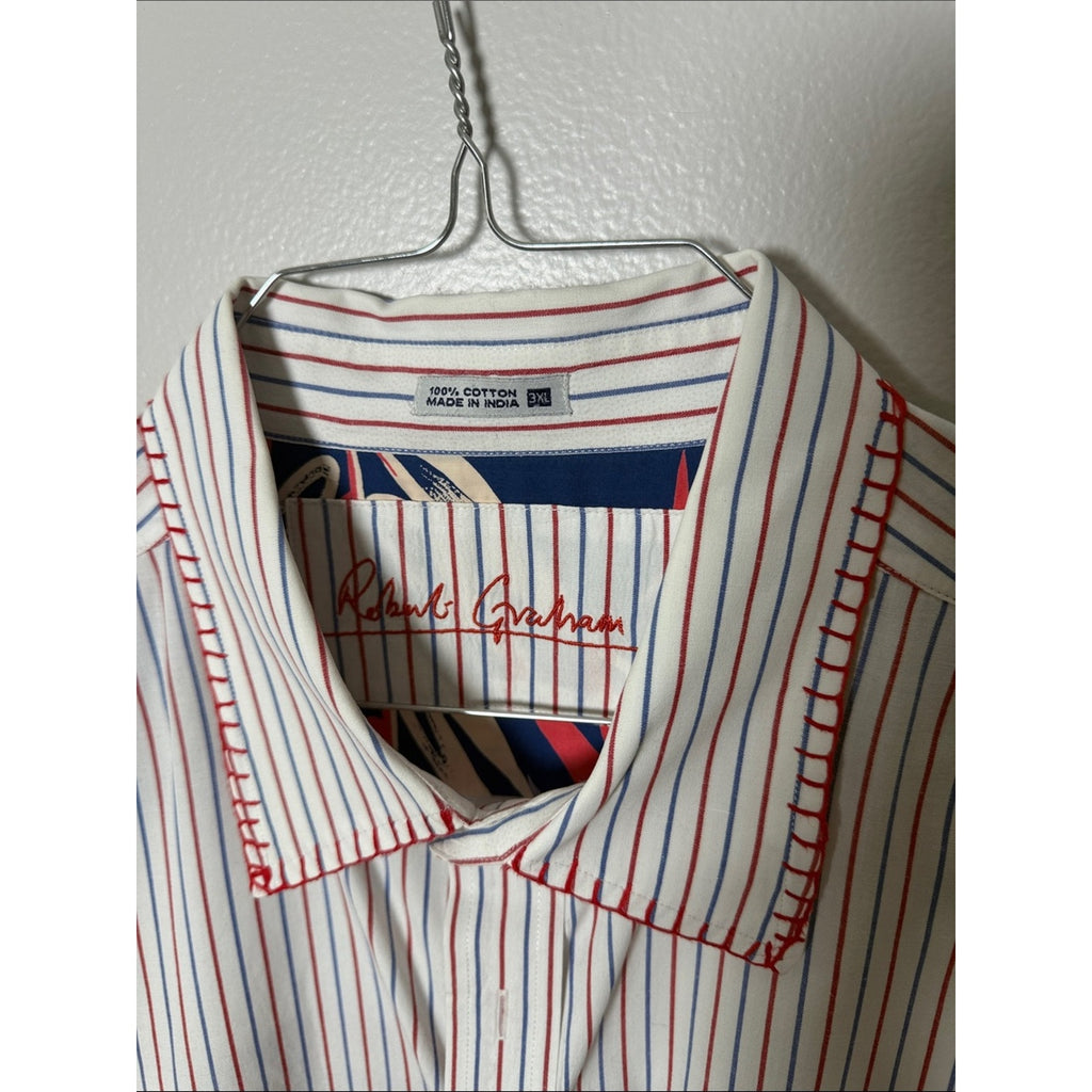Robert Graham White Button-Up Shirt with Red and Blue Stripes and Navy Pocket 3x