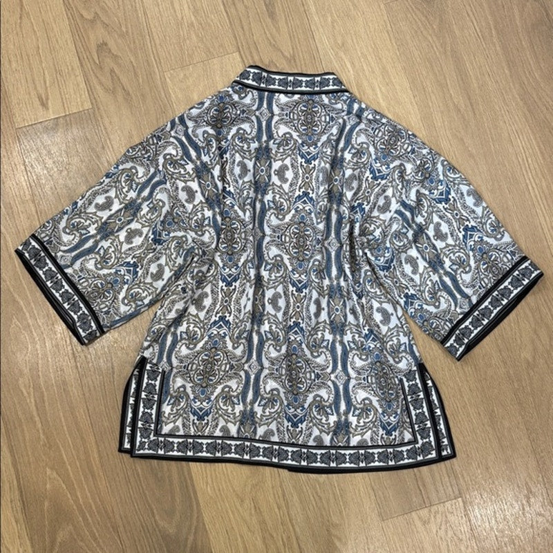Max Studio Paisley Open-Front Kimono in White, Blue & Taupe Size Medium
