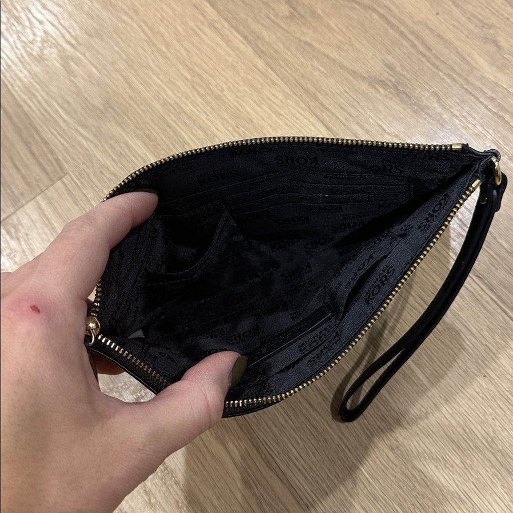 Michael Kors Fulton Large Zip Clutch Wristlet in Black Pebbled Leather and Gold