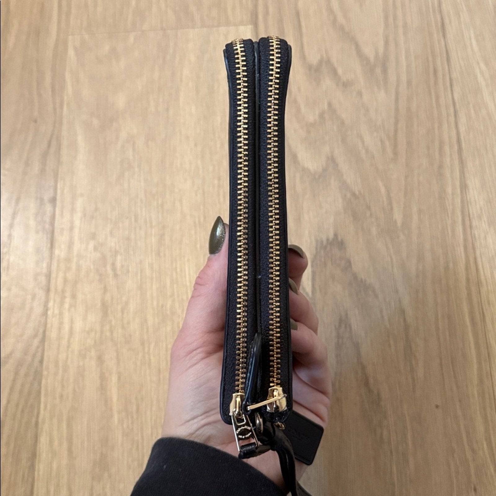 Coach Dark Brown and Black Pebbled Leather Wristlet with Black Strap