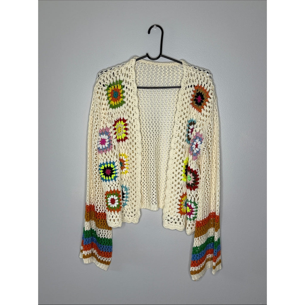 Cream Crochet Open-Front Cardigan Sweater with Multicolor Accents Size XL