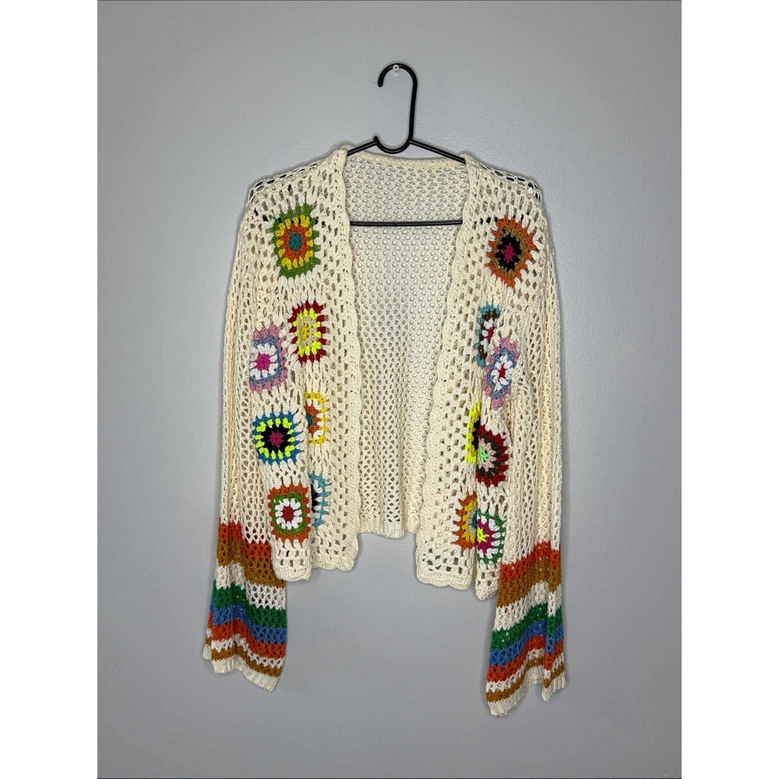 Cream Crochet Open-Front Cardigan Sweater with Multicolor Accents Size XL