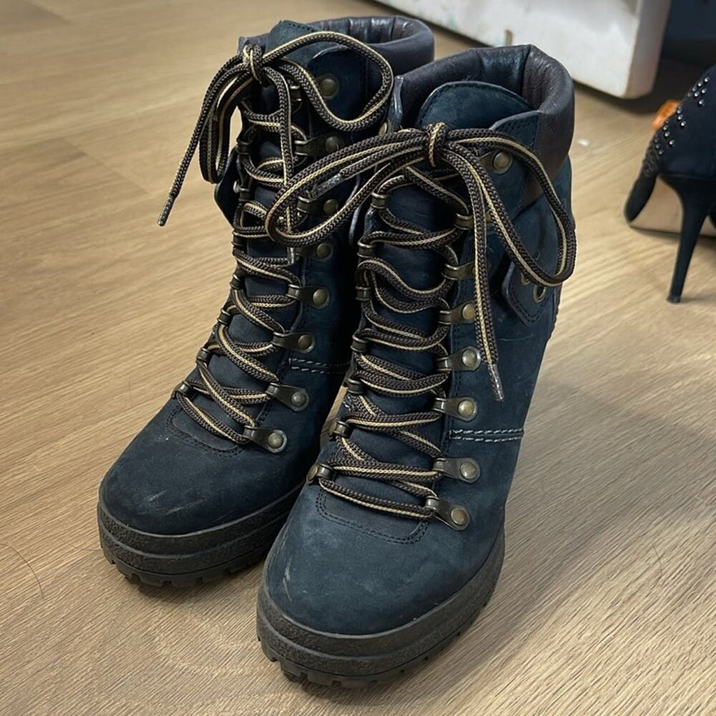 SEE BY CHLOE Black and Brown Suede and Leather Heeled Lace Up Boots Size 6 / 36