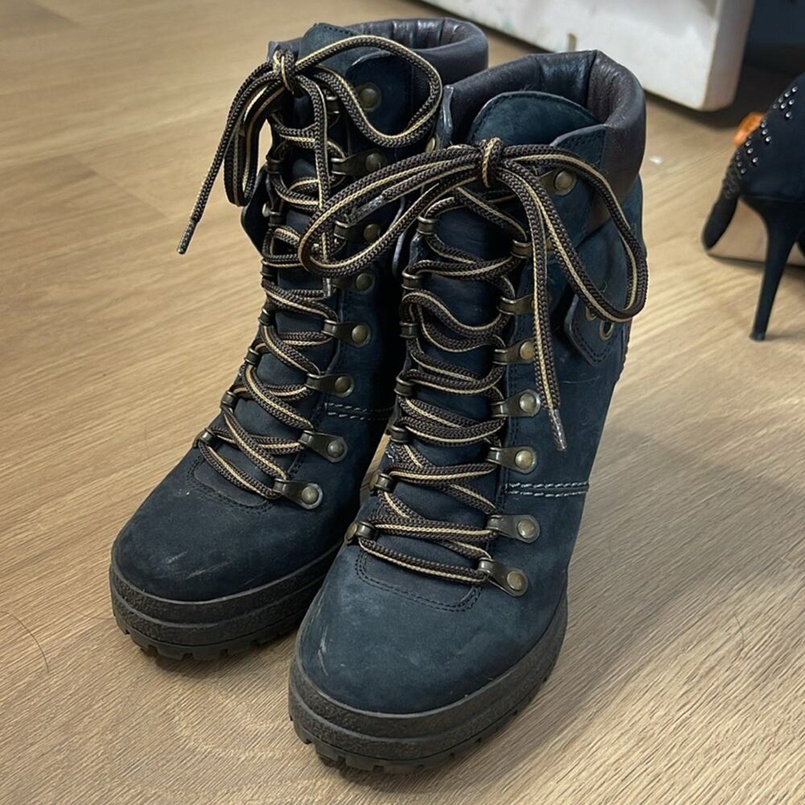 SEE BY CHLOE Black and Brown Suede and Leather Heeled Lace Up Boots Size 6 / 36