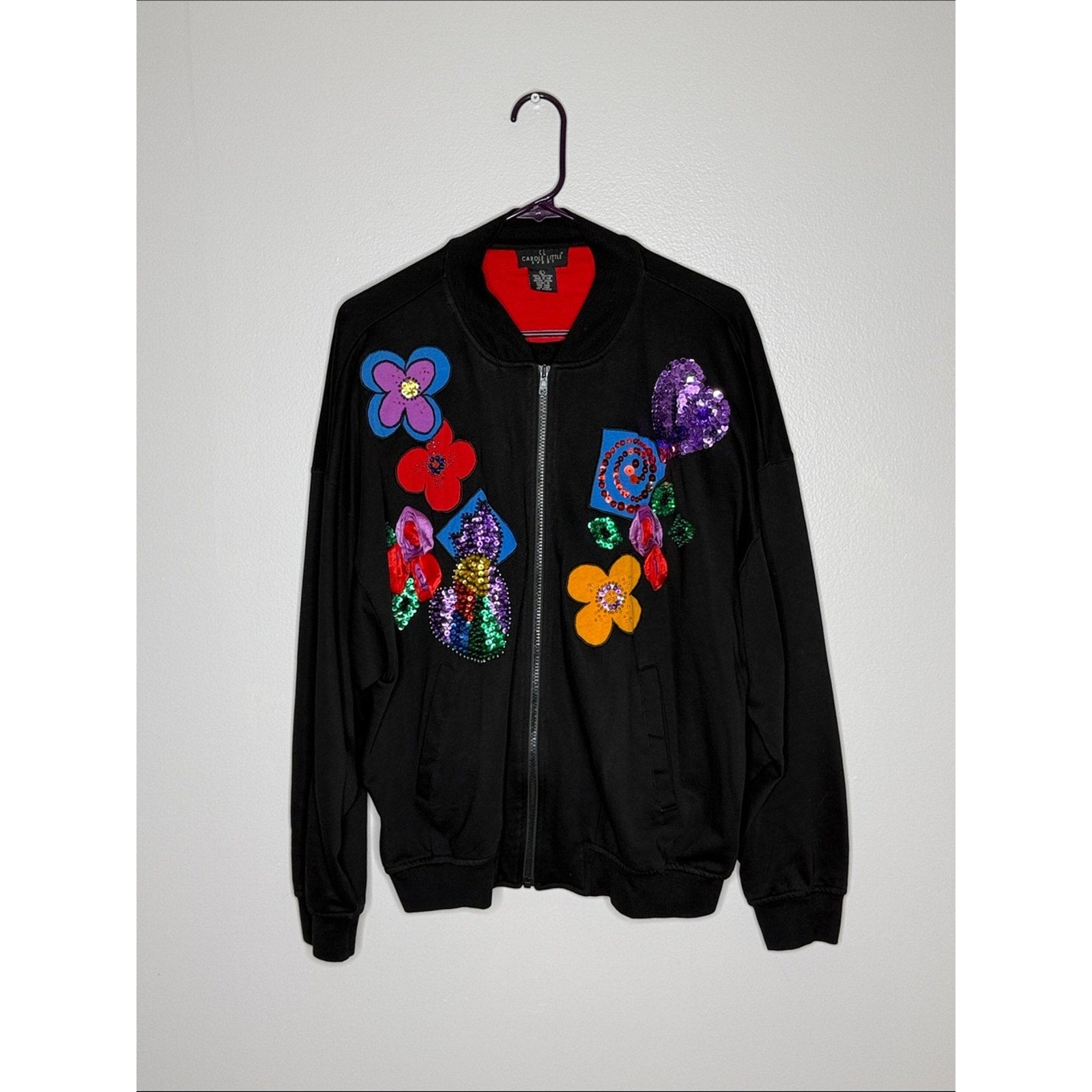 Carole Little Black Jacket with Red Lining and Multicolor Floral Size Large