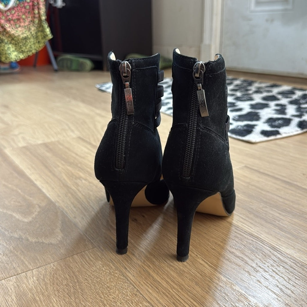 Michael Shannon Jayda Black Stiletto Heels with Cage Straps Leather Suede Sz 6.5