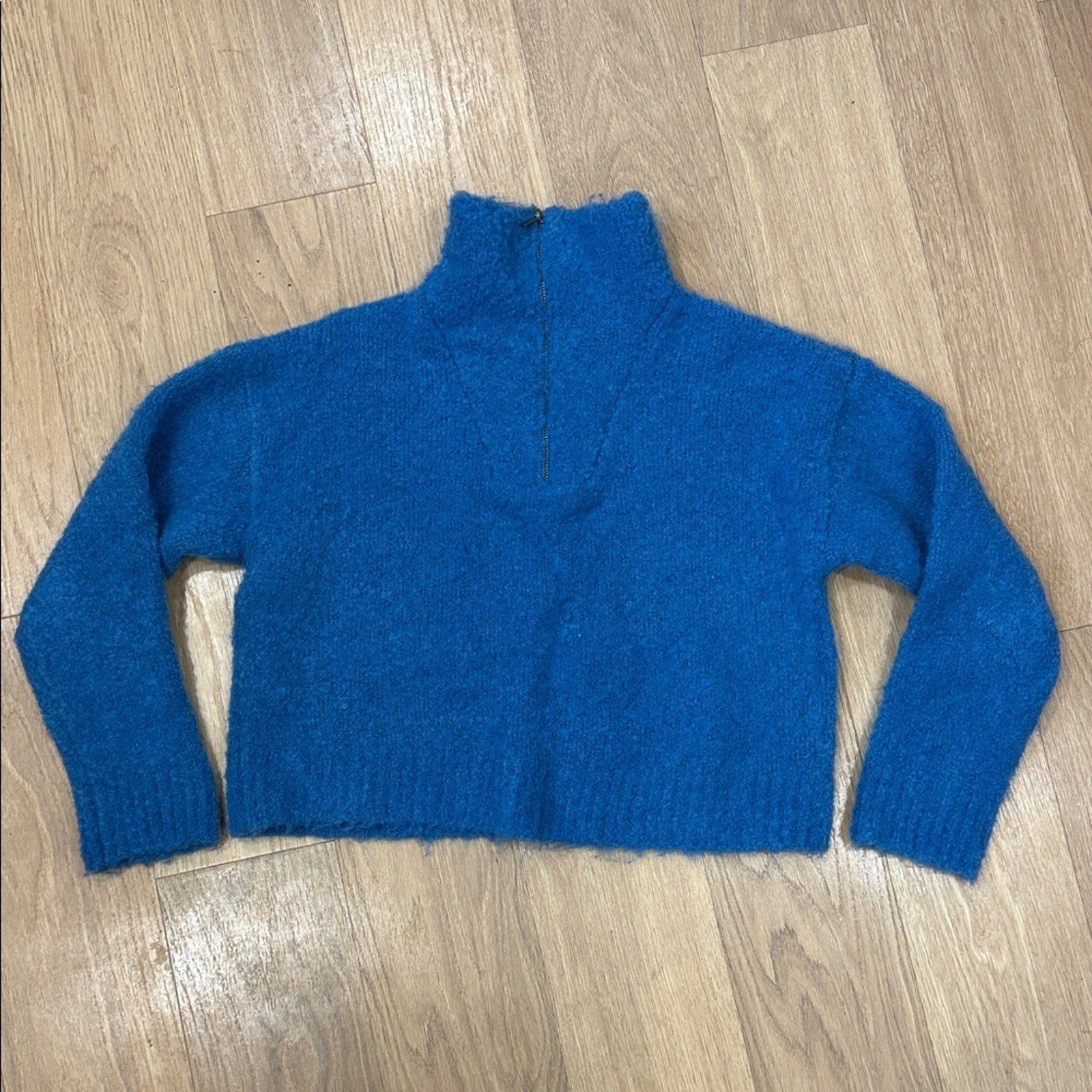 Zara Vibrant Blue 1/4 Zip Fuzzy Soft Knit Cropped Pullover Turtleneck Sweater SM