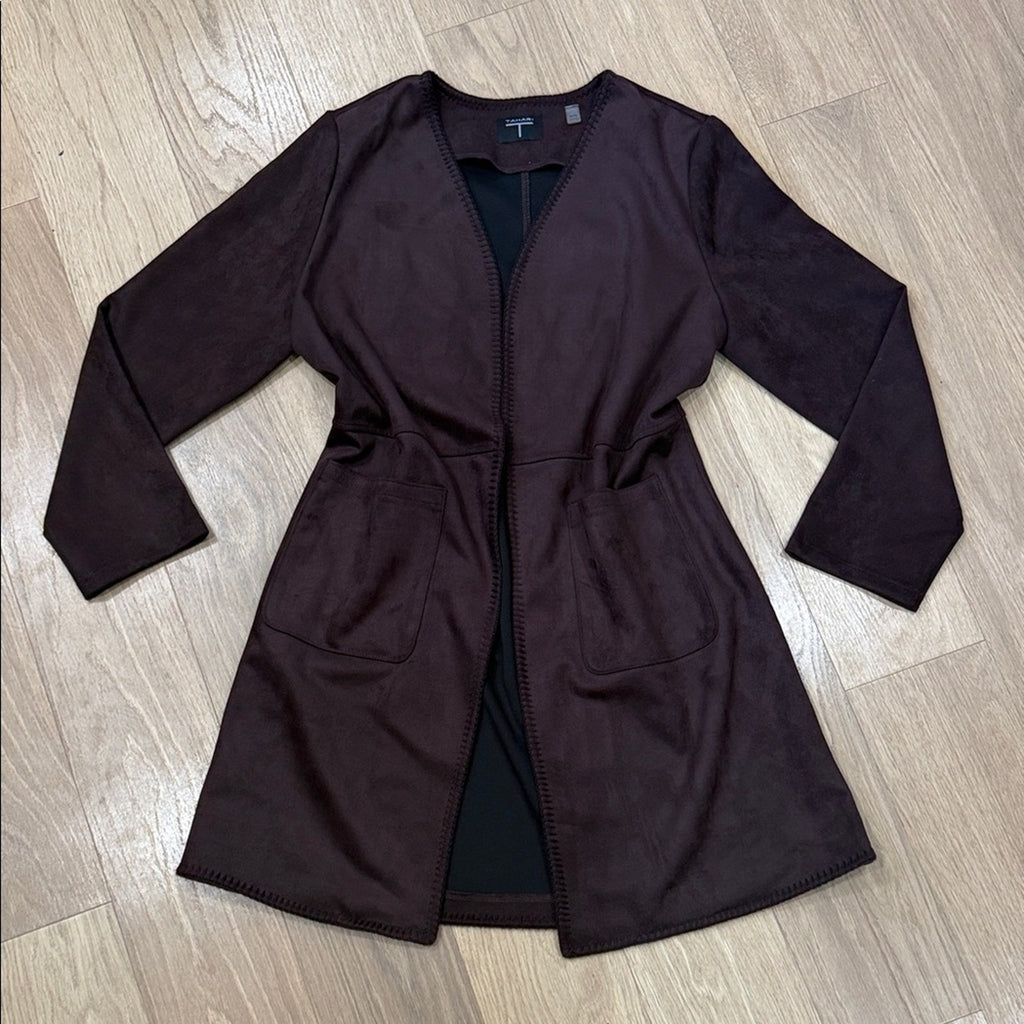 Tahari Plum Stitch Hem Open Front Long Jacket w/ Pockets Size XL
