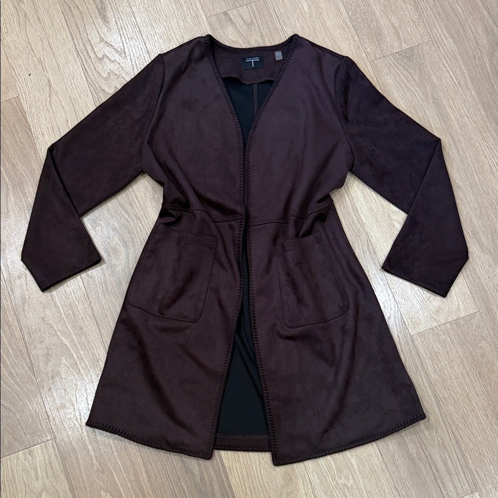 Tahari Plum Stitch Hem Open Front Long Jacket w/ Pockets Size XL