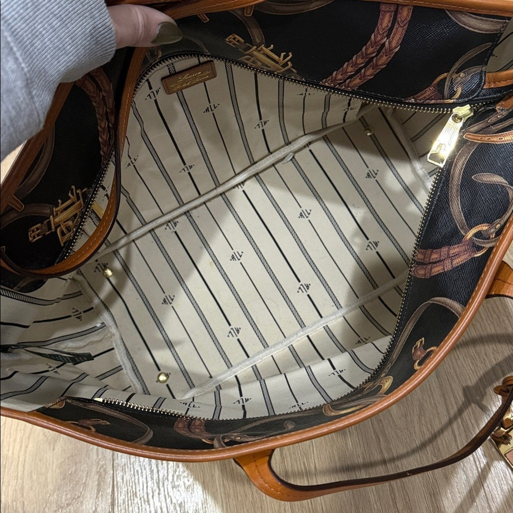Lauren Ralph Lauren Caldwell Belting Equestrian Print PVC Tote Bag Leather Trim