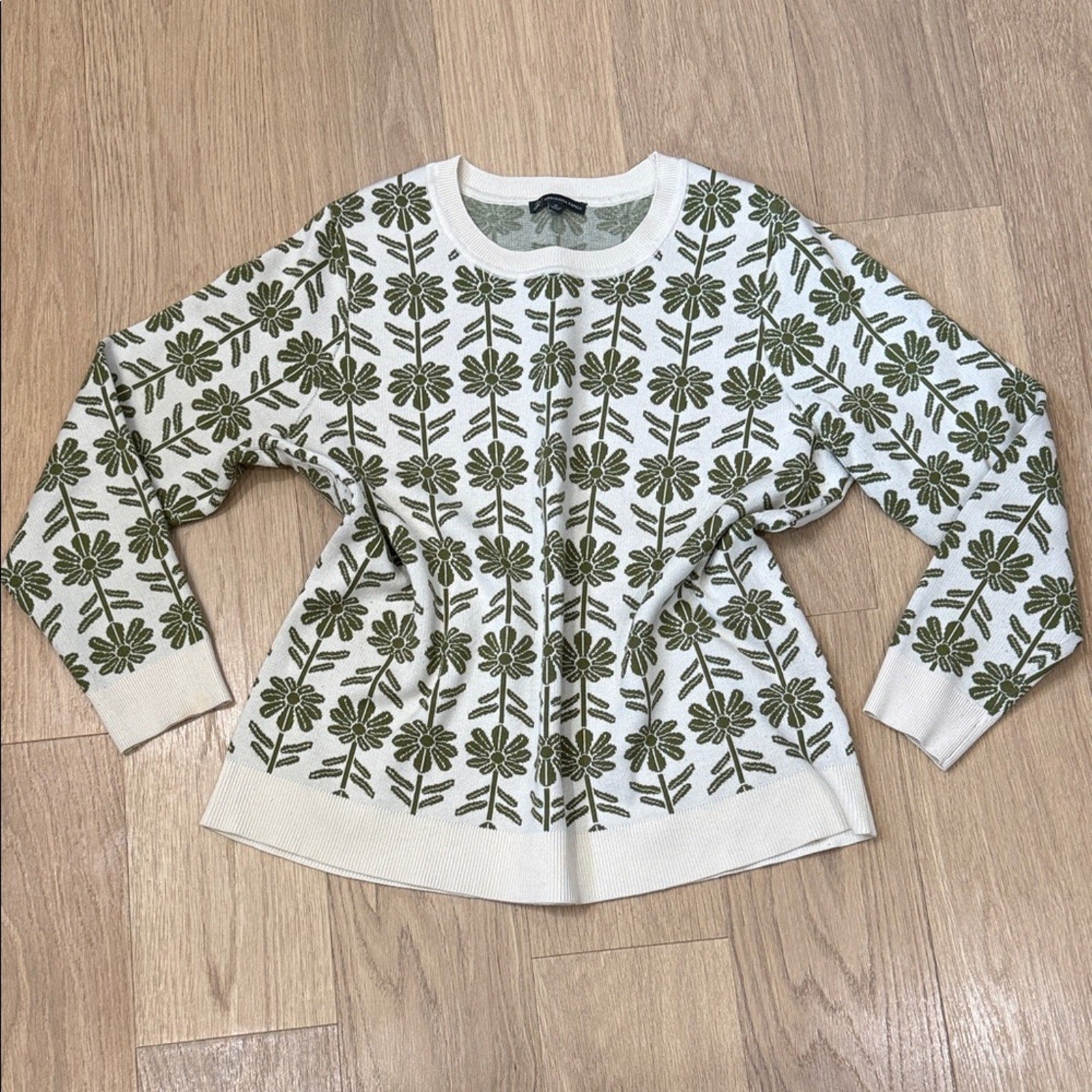 Adrianna Papell Green Floral Jacquard Crew Neck Sweater Size 1X