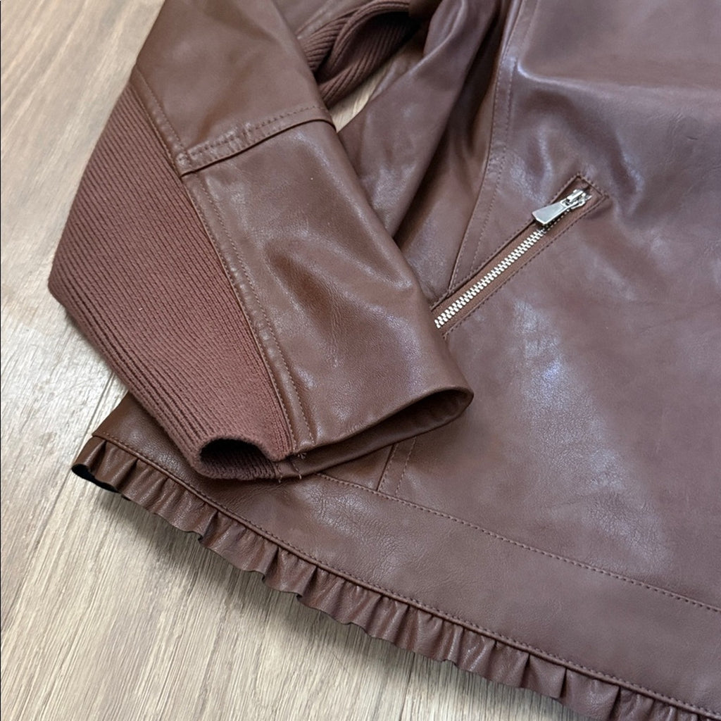 NWT Chico's Chocolate Brown Ruffle Trim Faux Leather Jacket - Size Large