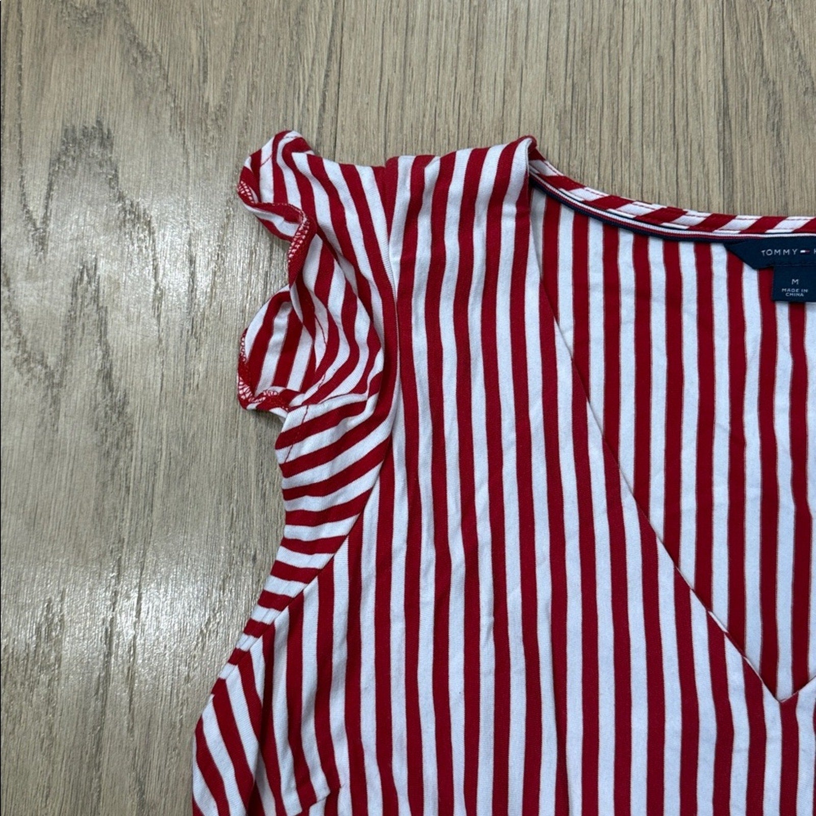 Tommy Hilfiger Red and White V Neck Ruffle Sleeve A Line Belted Dress Size MD