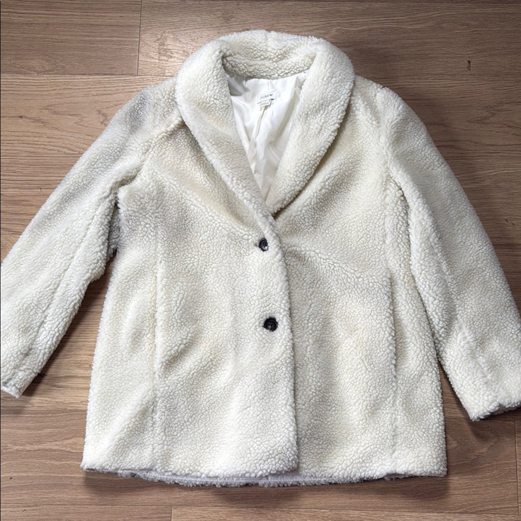 J. Crew Cream Polyester Teddy Button Front Jacket Plush Oversized Fit Medium