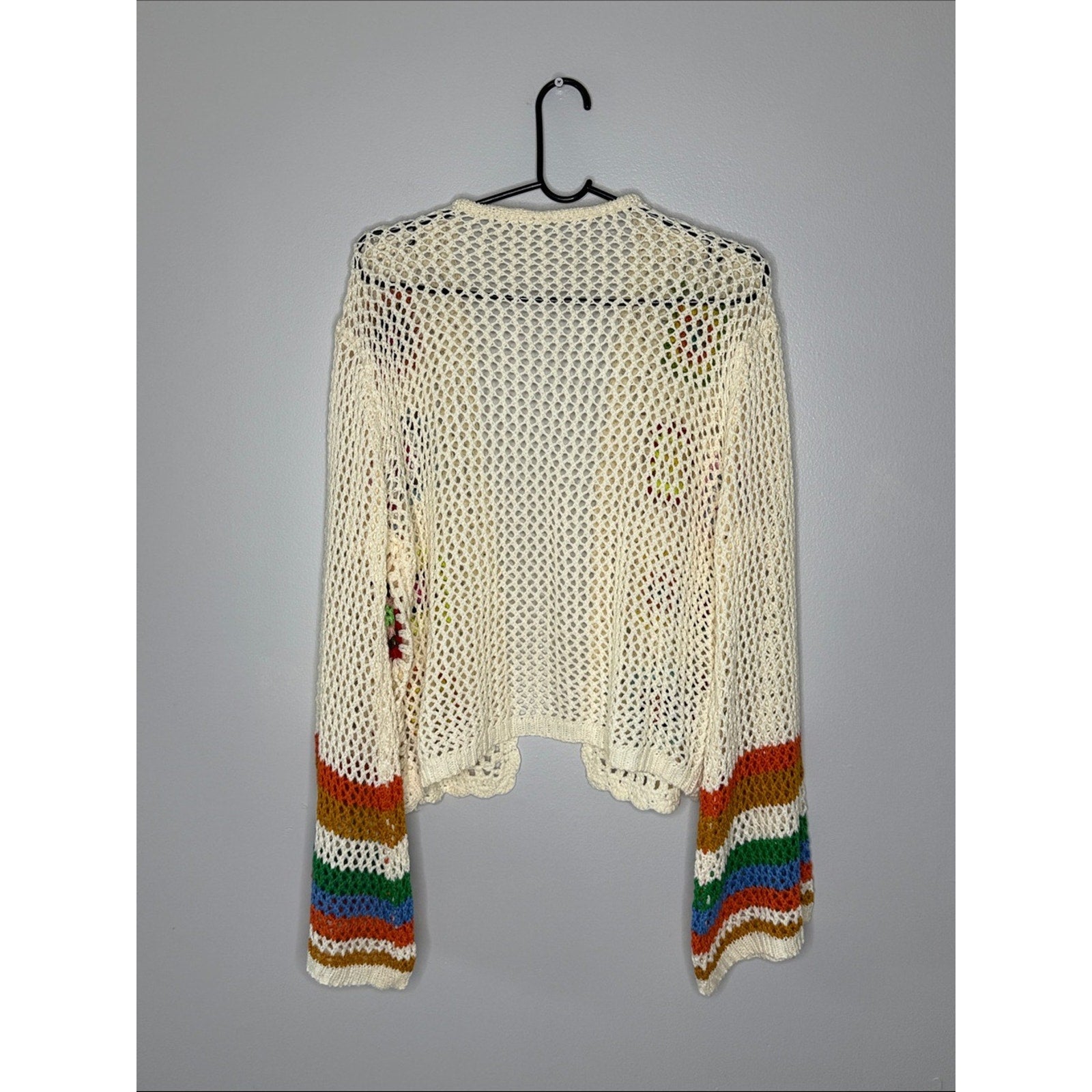 Cream Crochet Open-Front Cardigan Sweater with Multicolor Accents Size XL