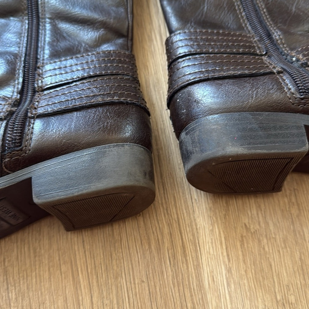 Nine West Brown Buckle Detail Faux Leather Knee High Lova Boots Size 12
