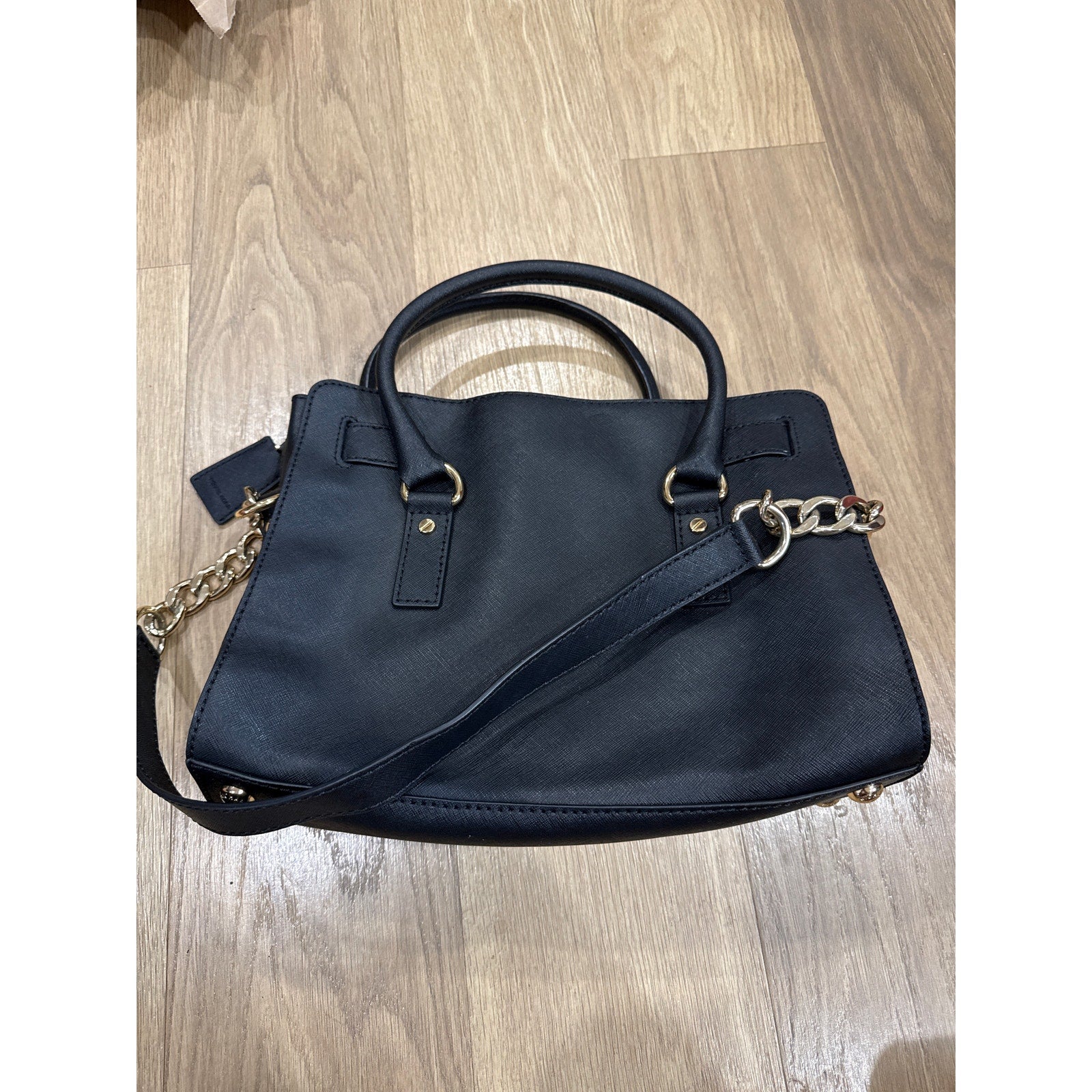 Michael Kors Hamilton Saffiano Style Black Leather and Gold Hardware Satchel