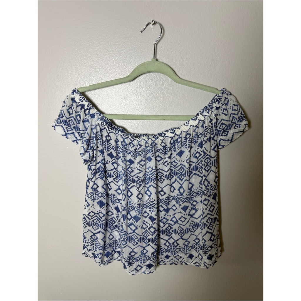 Bella Dahl Blue & White Off-Shoulder Printed Blouse Size Medium