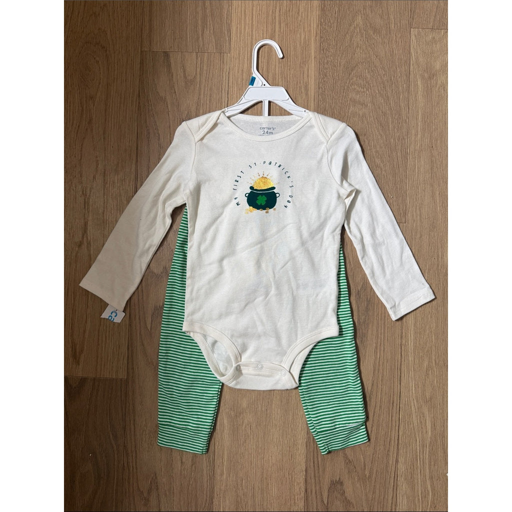Carter's Cream & Green St. Patrick's One-Piece and Striped Pants Set Size 24M