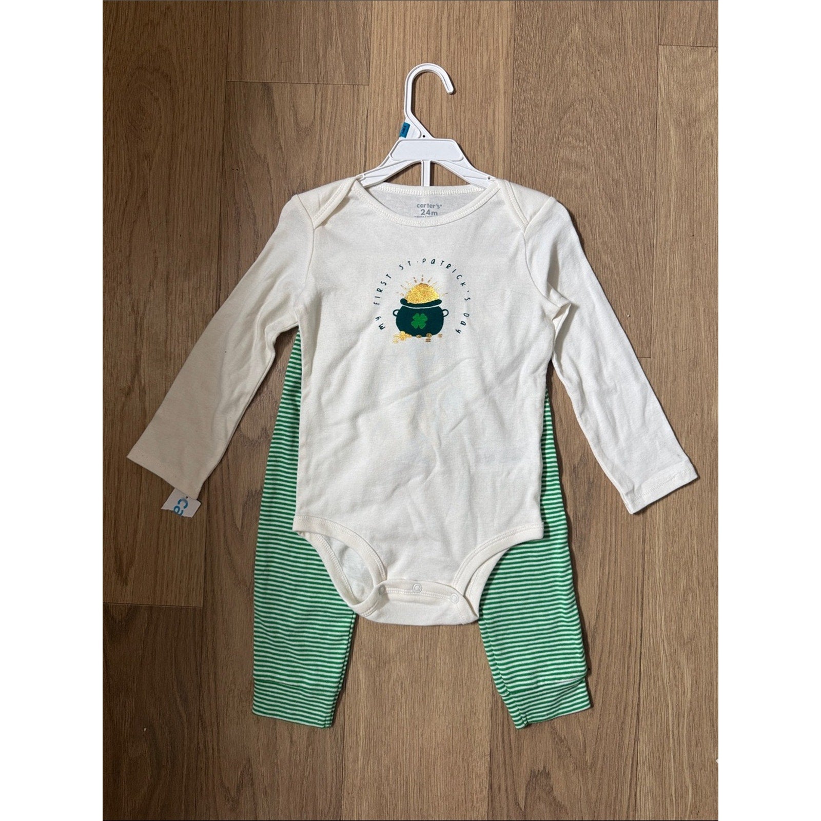 Carter's Cream & Green St. Patrick's One-Piece and Striped Pants Set Size 24M