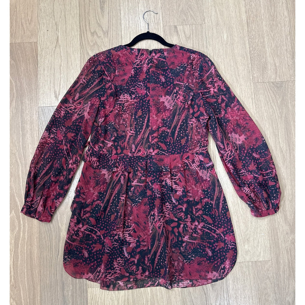 IRO Deylfe Floral Print Silk Chiffon Mini Dress in Burgundy and Black Size 8