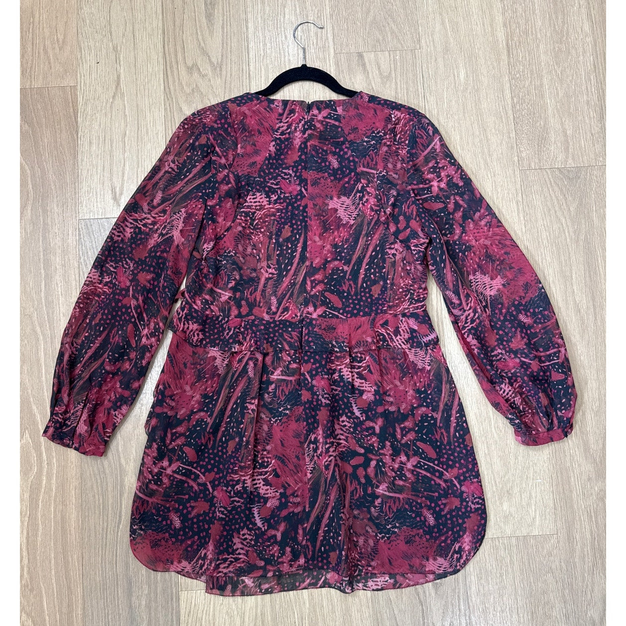 IRO Deylfe Floral Print Silk Chiffon Mini Dress in Burgundy and Black Size 8