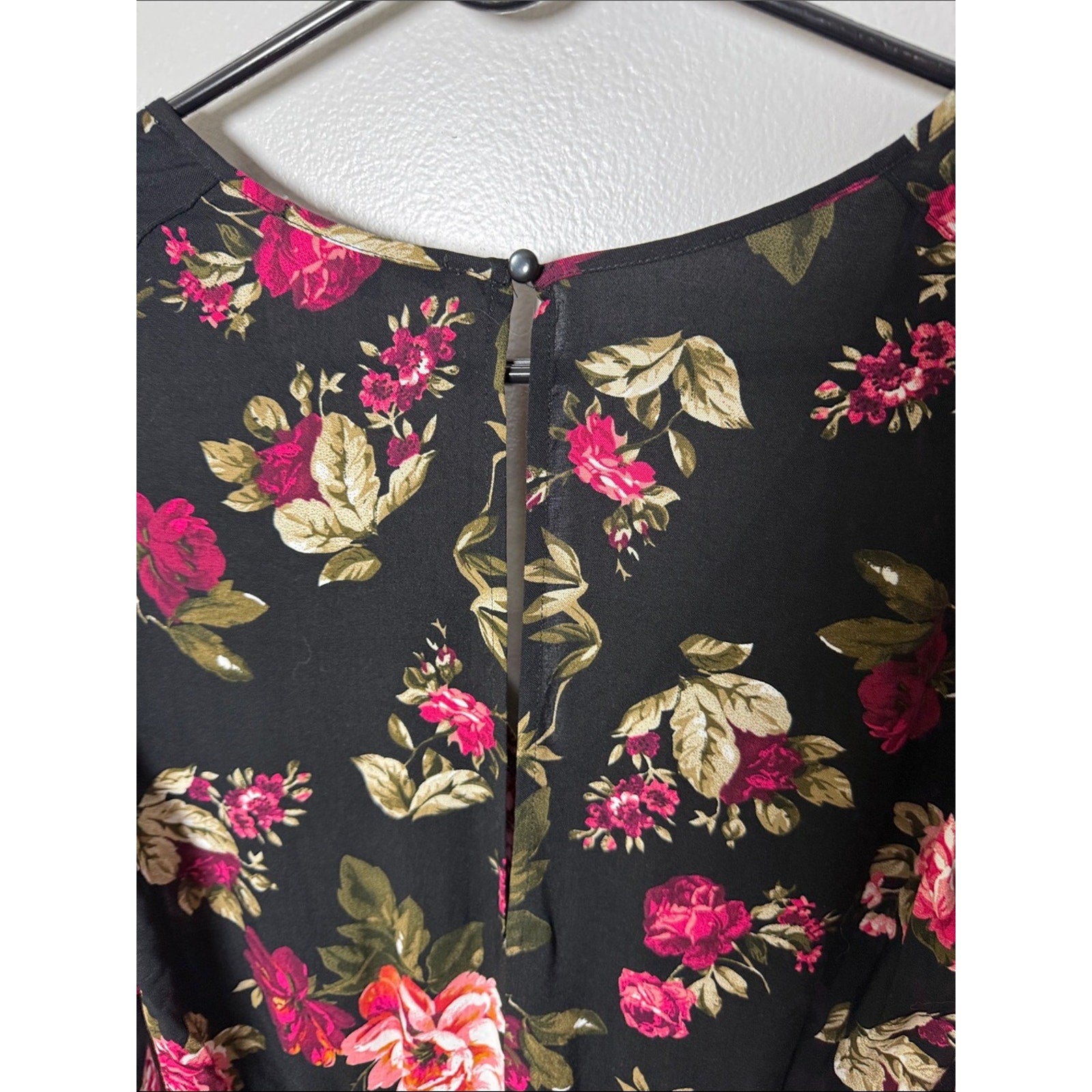 Ambiance Black Floral Wrap Romper with Pink Rose Print Size Large New!