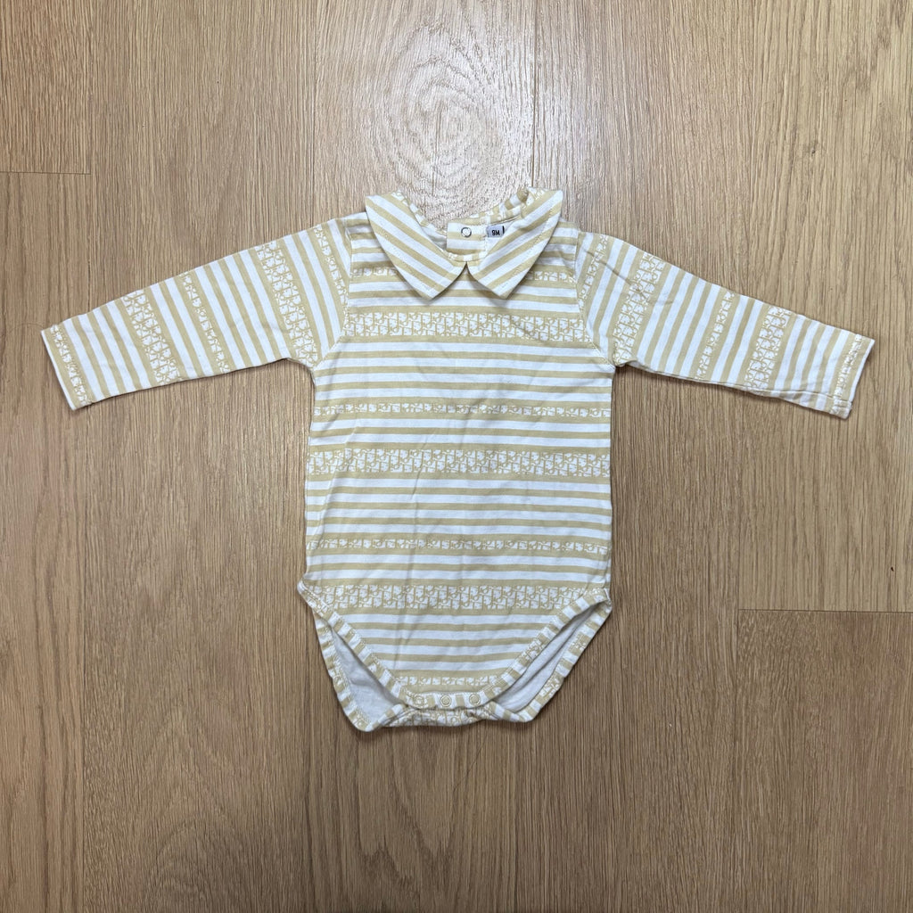 Baby Dior Long-Sleeved Striped Bodysuit with Peter Pan Collar - Beige & White