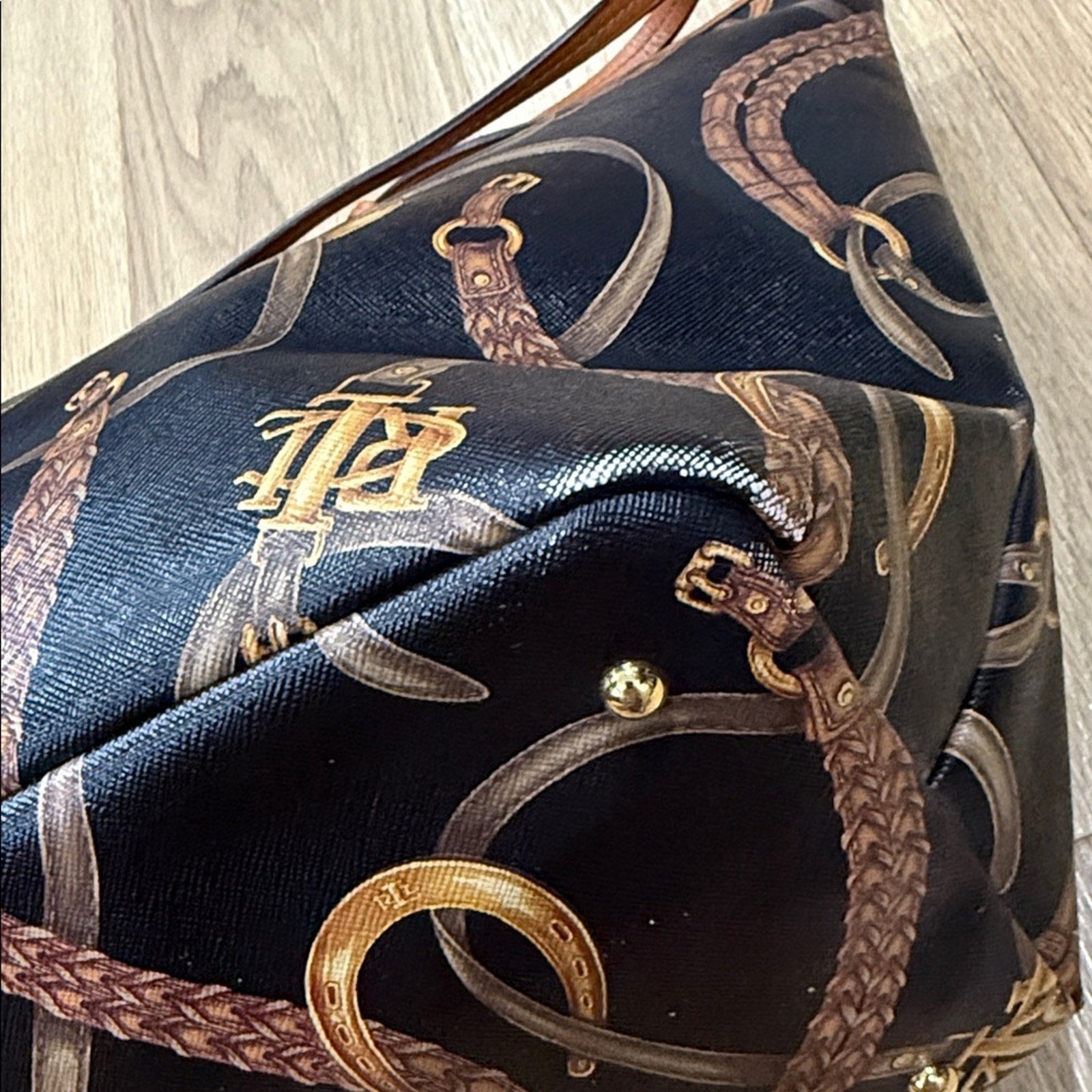 Lauren Ralph Lauren Caldwell Belting Equestrian Print PVC Tote Bag Leather Trim