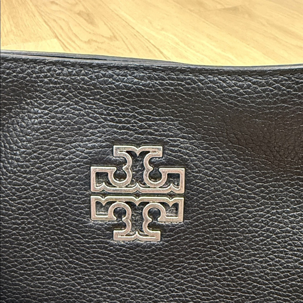 Tory Burch Britten Small Slouchy Tote Bag in Black Leather and Silver Hardware