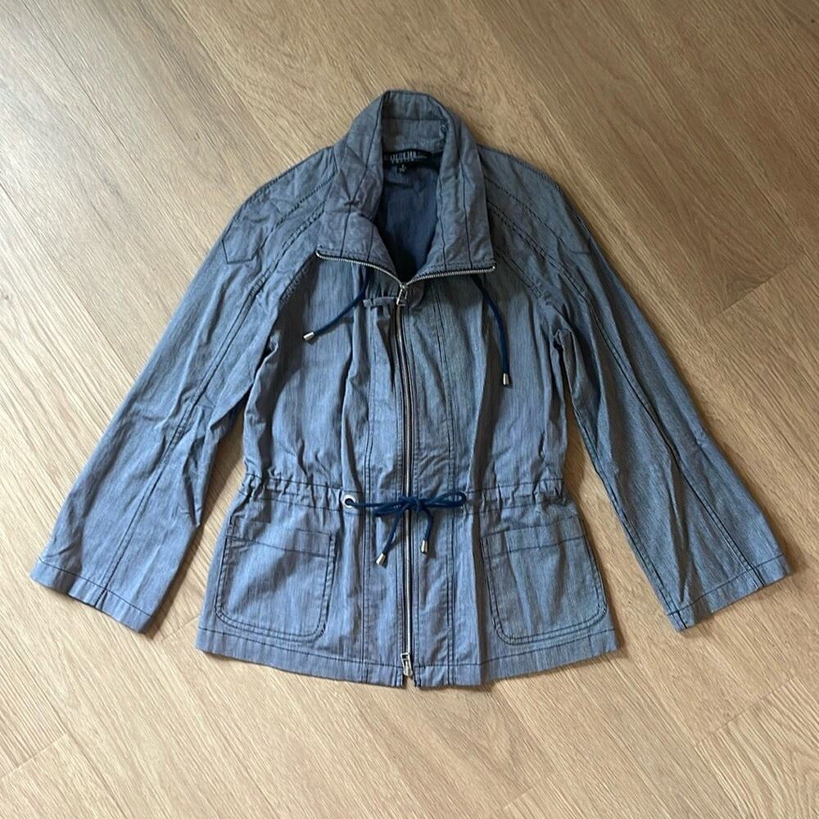 LAFAYETTE 148 Blue and White Micro Striped Tie Waist Viscose Zip Front Jacket