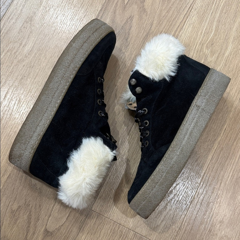 Saks Fifth Avenue Faux Shearling Lined Black Suede Platform Sneakers - Size 10
