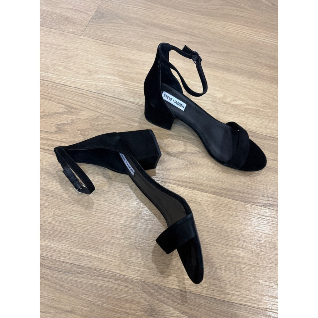 Steve Madden Irenee Black Suede Block Heel Sandals - Classic Open Toe Size 9