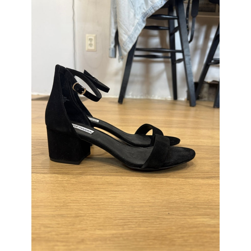 Steve Madden Irenee Black Suede Block Heel Sandals - Classic Open Toe Size 9