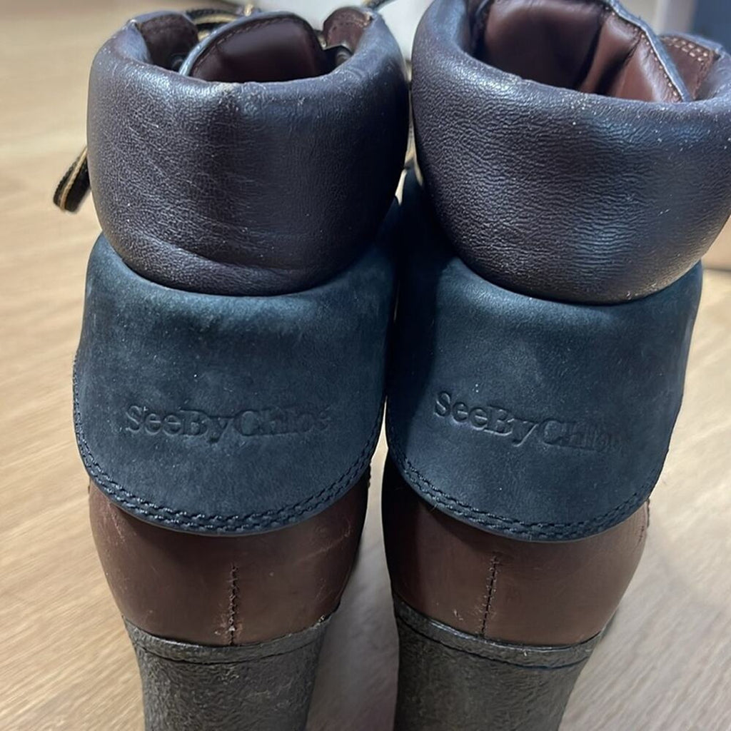 SEE BY CHLOE Black and Brown Suede and Leather Heeled Lace Up Boots Size 6 / 36