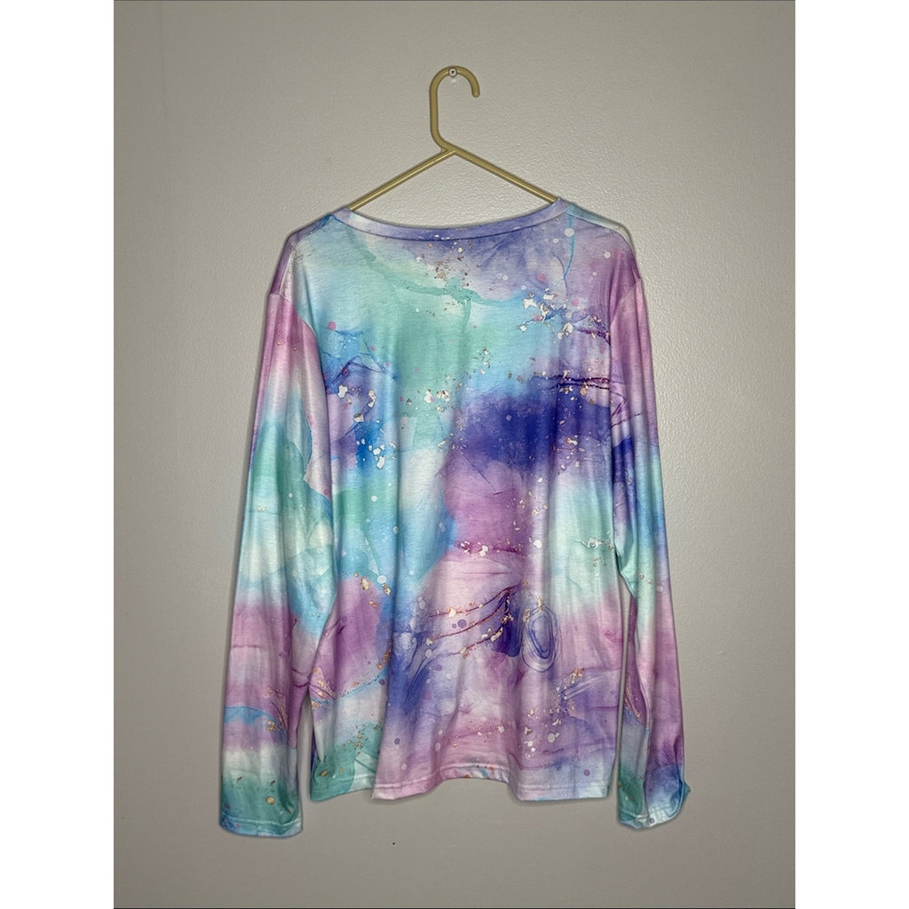 Pastel Watercolor Long Sleeve Top - Mint, Lavender, Blue Size XXL