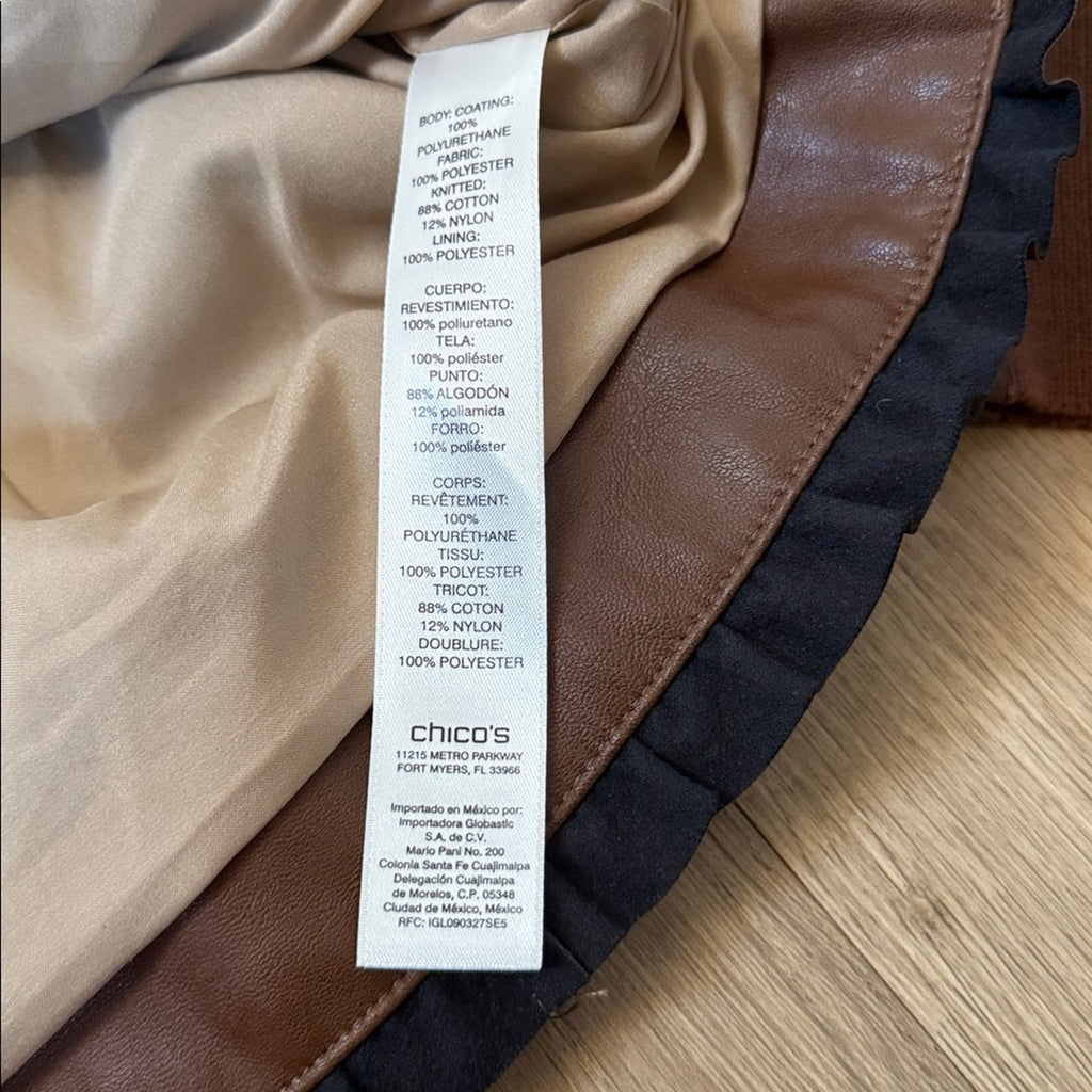 NWT Chico's Chocolate Brown Ruffle Trim Faux Leather Jacket - Size Large