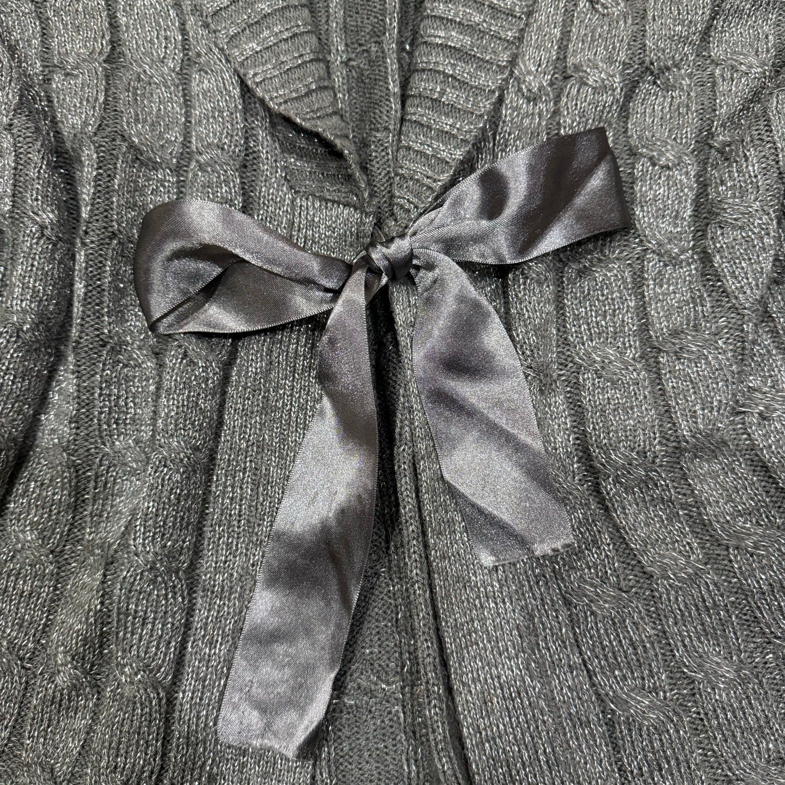 West End Grey Cable Knit Cardigan with Satin Tie Waist Size XL